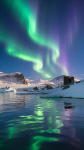 Aurora Australis reflecting over a serene Antarctic 